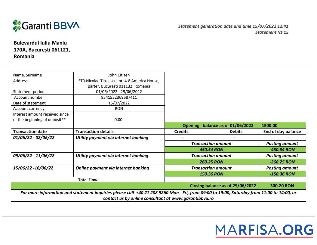 Blank Romania Garanti BBVA bank statement word real example